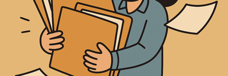 Overwhelmed woman holding folders and papers, stressing over workload or paperwork.