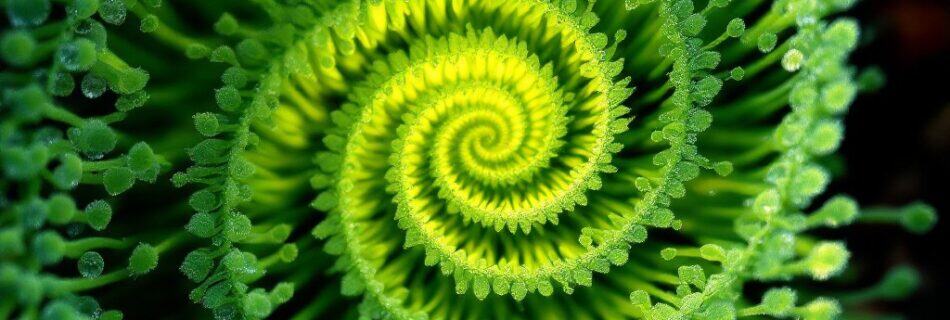 Vibrant green spiral fern frond close-up, detailed nature photo, symbolizing growth and healing, ideal for health, wellness, and therapy websites.