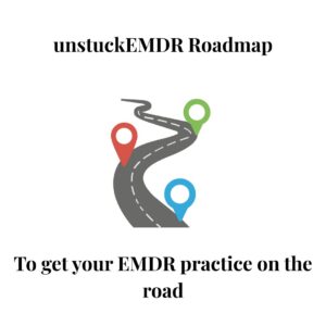 Graphic showing a winding road with three location pins in red, blue, and green, representing EMDR journey and road to practice.